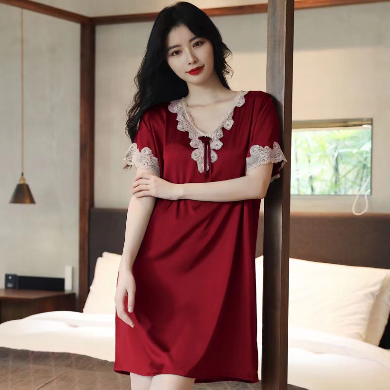 Váy ngủ nữ ngắn tay mùa hè vải lụa tuyết, phối ren sexy VF