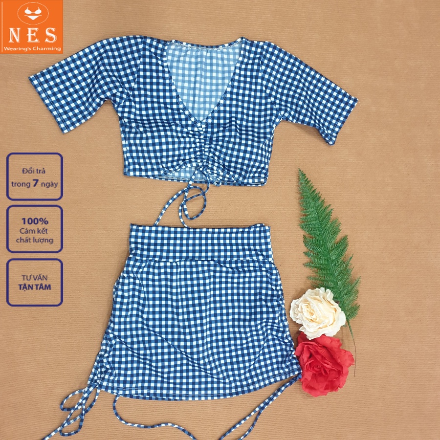 Bikini Bộ Đồ Bơi Nữ NES 2 Mảnh Áo Rút Dây Ngực Caro  Freesize (40-55 Kg) Thun Lạnh Co Giãn 4 Chiều