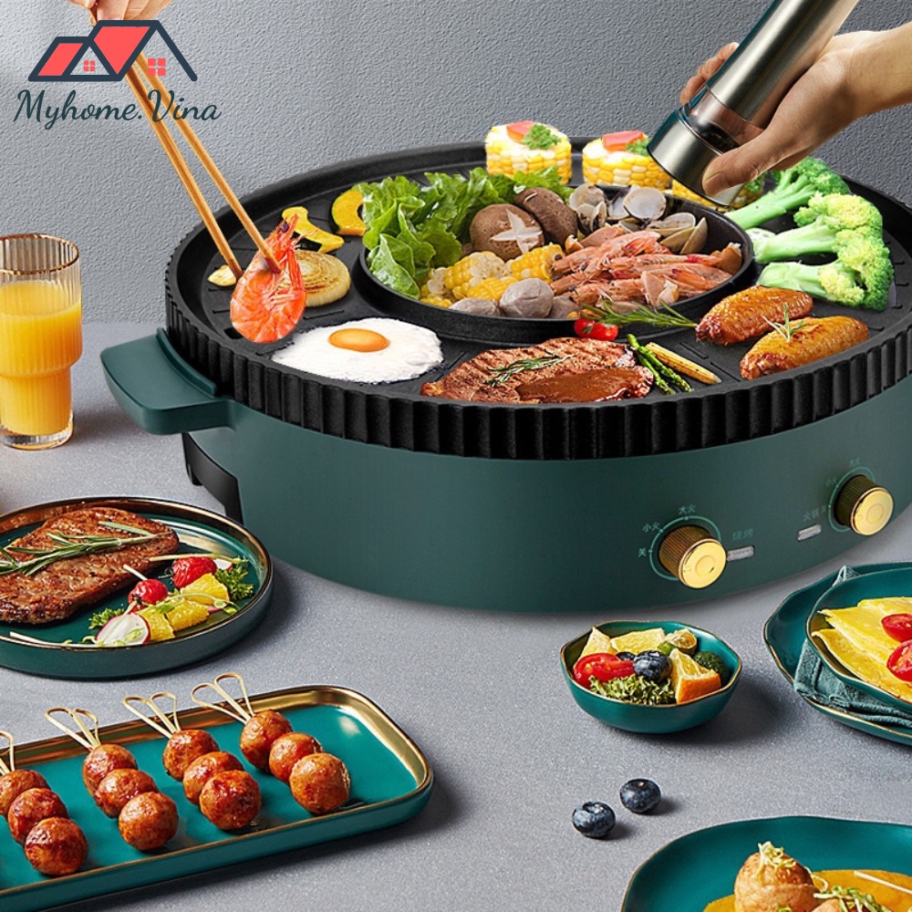 Nồi lẩu nướng đa năng 2 trong 1 với bề mặt chống dính, Bếp lẩu nướng tròn 2 ngăn dễ dàng vệ sinh