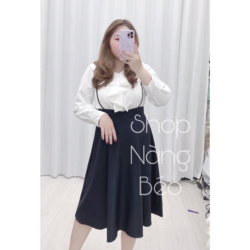[Shop bigsize nữ 50kg-90kg] Set yếm dài qua gối phối sơ mi tay dài đi tiệc, mặc Tết, đi chơi màu đen/ màu nude