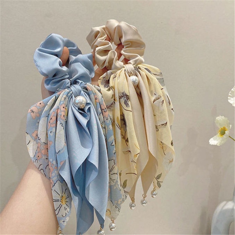 Dây Buộc Tóc Cao Su Bản Lớn In Họa Tiết Hoa Đính Ngọc Trai Sang Trọng Thời Trang Cho Nữ 2022
