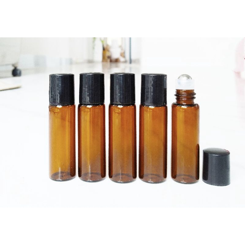 Combo 5 vỏ chai thủy tinh 5ml mẫu 2022 dạng bi lăn thếp nấp đen nhỏ gọn dễ thương đựng tinh dầu nước hoa son môi bóng