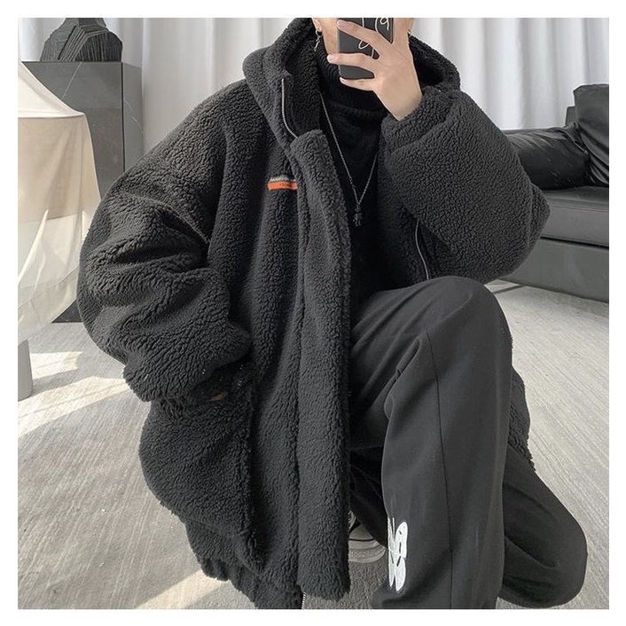 Áo Khoác Lông Cừu Form Rộng Có Mũ Unisex Siêu Dày, Áo Jacket Nam Nữ Túi Hộp Phong Cách Hàn Quốc