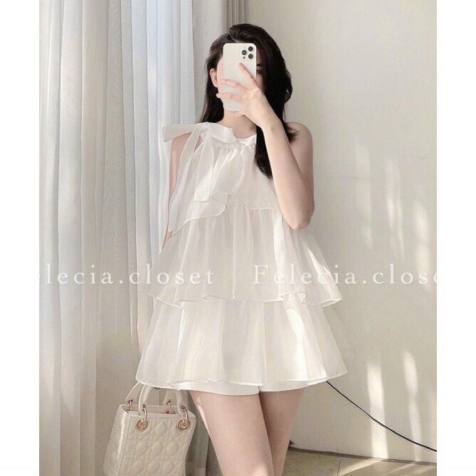Áo váy voan tơ 3 tầng cổ yếm thắt nơ dáng babydoll xòe tầng sang chảnh