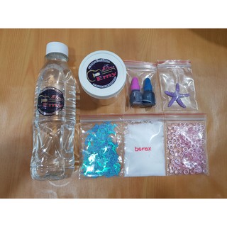 Clear Slime - Bộ Kit Làm Slime Trong Gồm (Charm + Kim Sa + Borax + Hũ + 2 hũ màu + 1 chai Hồ + Hạt fish bowl)