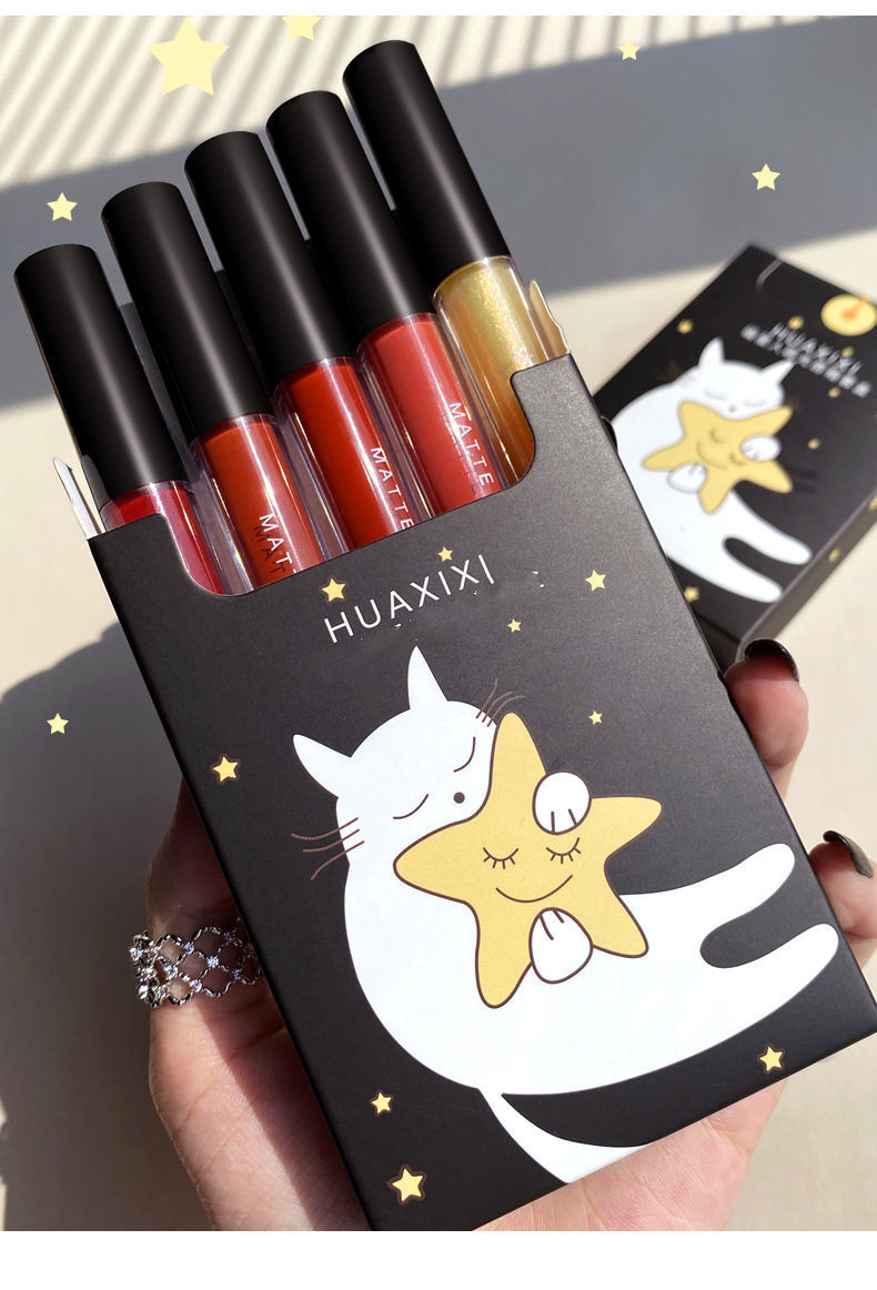 (Hàng Mới Về) Set 5 Son Kem Lì Không Phai Màu Không Lem Vào Cốc Thiết Kế Hình Mèo Dễ Thương | BigBuy360 - bigbuy360.vn