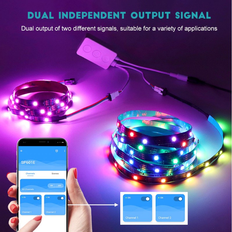 SP601E BỘ ĐIỀU KHIỂN LED FULL MÀU NHÁY THEO NHẠC 2 CỔNG ĐIỀU KHIỂN QUA APP MOBILE BLUETOOTH | BigBuy360 - bigbuy360.vn