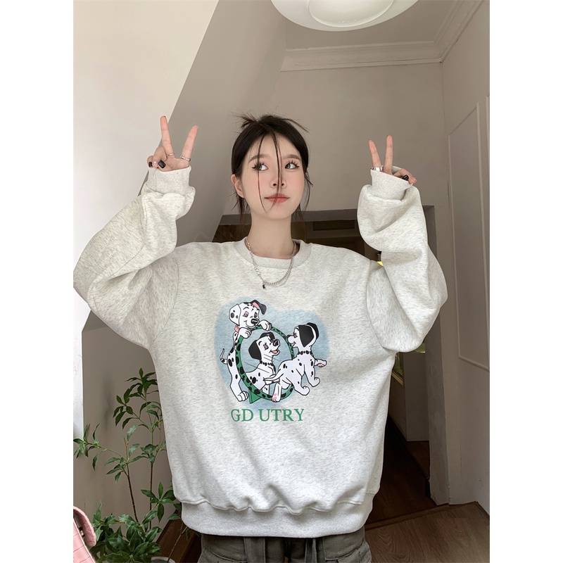 Áo Nỉ Dài Tay Cổ Tròn Form Rộng In Hình Cún Phong Cách Retro