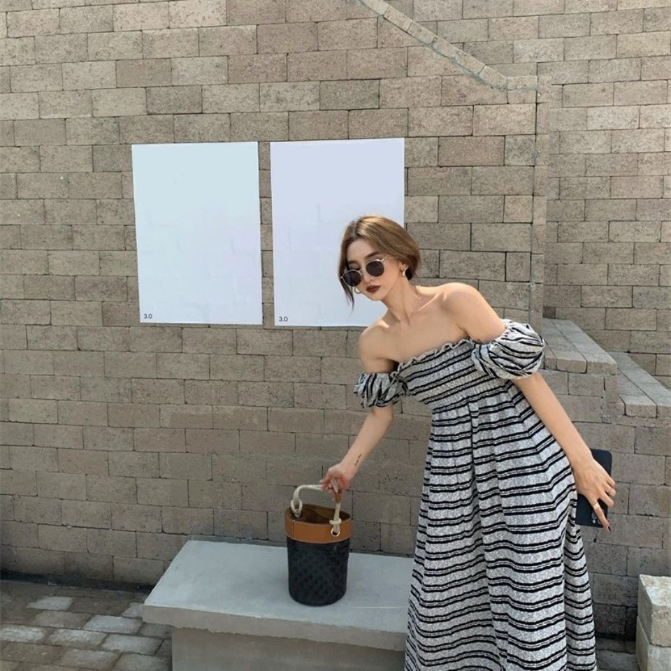 Đầm Dài Tay Ngắn Phồng Cổ Vuông Eo Cao Họa Tiết Kẻ Sọc Phong Cách Hàn Quốc Thời Trang Cho Nữ