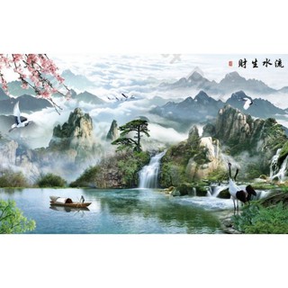 Tranh dán tường Tranh phong cảnh phong thủy núi non hùng vĩ, Tranh dán tường 3d hiện đại (tích hợp sẵn keo)