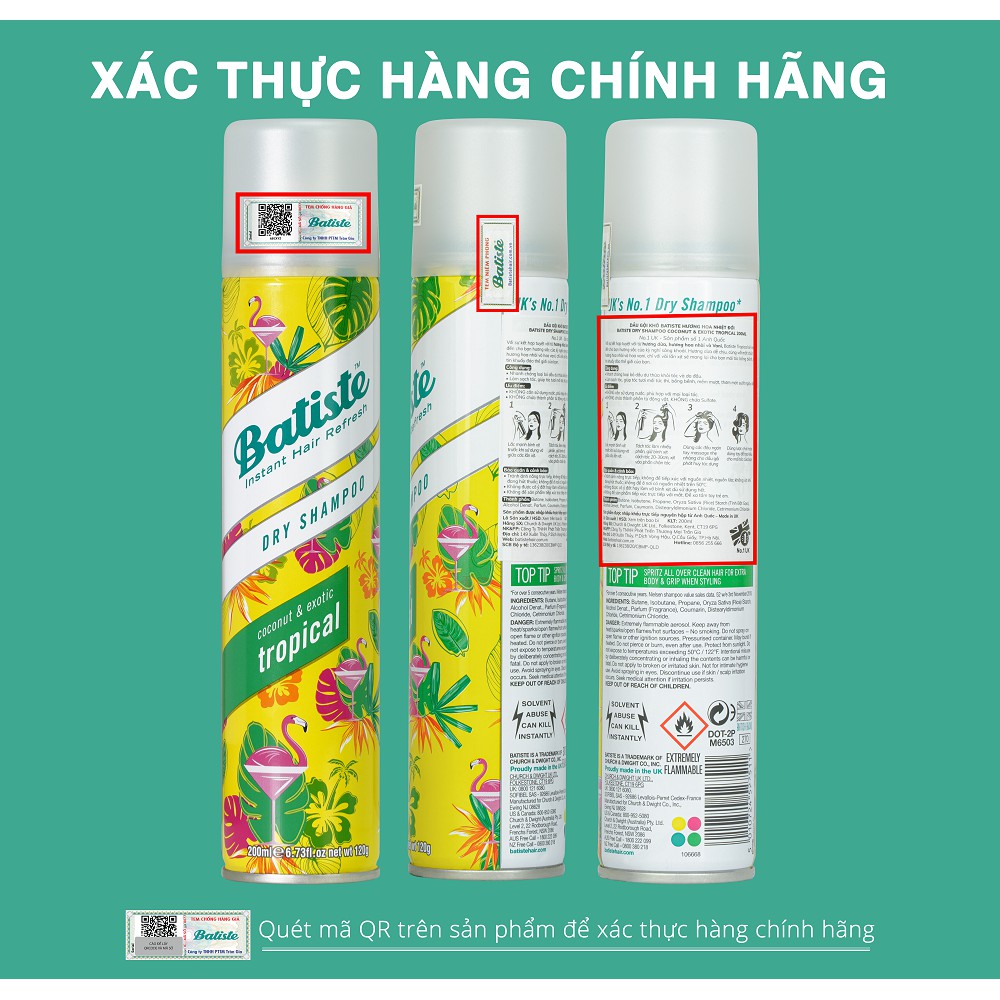 Dầu Gội Khô Batiste Hương Hoa Nhiệt Đới - Batiste Dry Shampoo Coconut &amp; Exotic Tropical 200ml