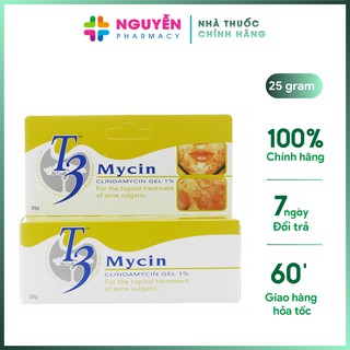 Gel bôi mụn trứng cá T3 Mycin 25g - Giảm mụn trứng cá, mụn kèm viêm và mụn ẩn