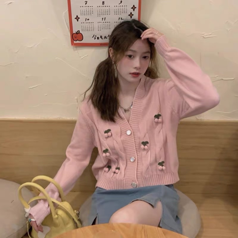 Set 2 Món Áo Cardigan + Croptop 2 Dây Tay Bồng Trái Đào Hồng Xinh Xắn