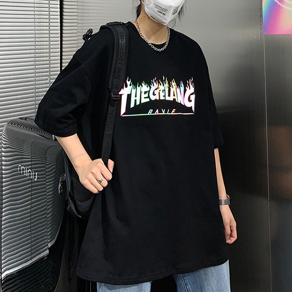 Áo thun tay ngắn in hình ngọn lửa phản quang thời trang cho nam