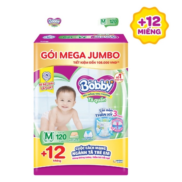 Tã quần Bobby gói Mega Jumbo : M124-L108-XL96-XXL88 - mẫu mới rãnh kim cương