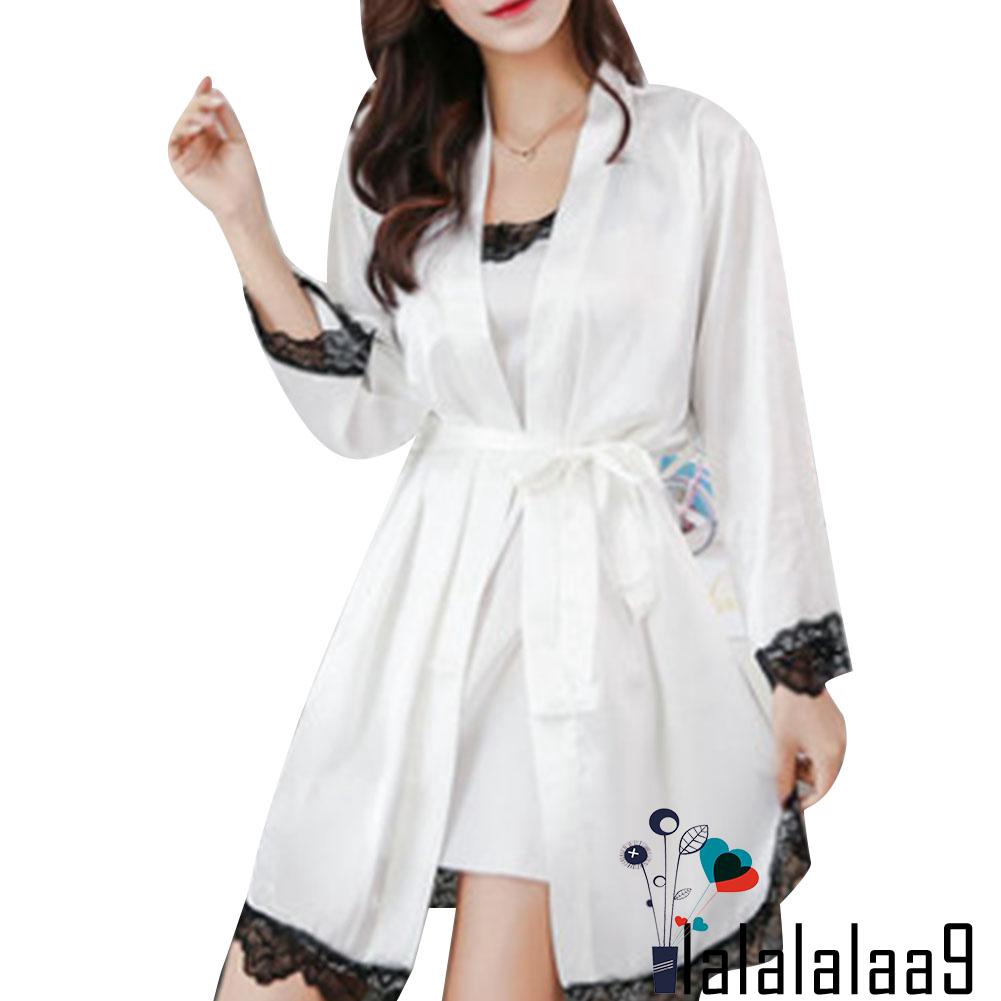 ❀Yaho❀Women´s Sexy Pajamas Silk Two Piece Set Sling Long Sleeve Pajamas + Nightdress Set | BigBuy360 - bigbuy360.vn