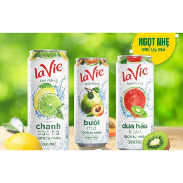 Thùng 24 Lon Nước giải khát có gas LaVie Sparkling hương Chanh bạc hà / Dưa Hấu kiwi/ Bưởi Mơ/Chanh muối 330ml