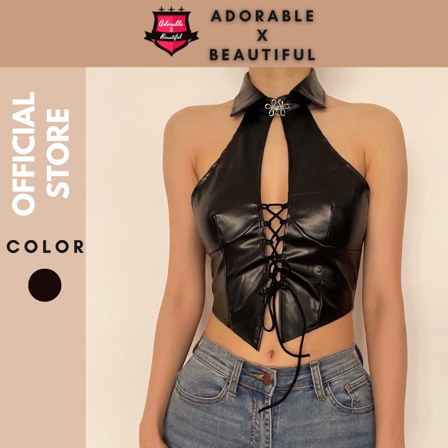 Áo Da Pu Đan Dây Cổ Cài Nút Họa Tiết Hoa Phong Cách Ulzzang Hot Trend [AdorablexBeautiful]