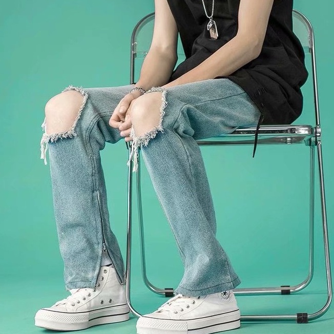 Quần jean rách dáng ôm phối khóa kéo thời trang cá tính tùy chọn màu sắc cho nam