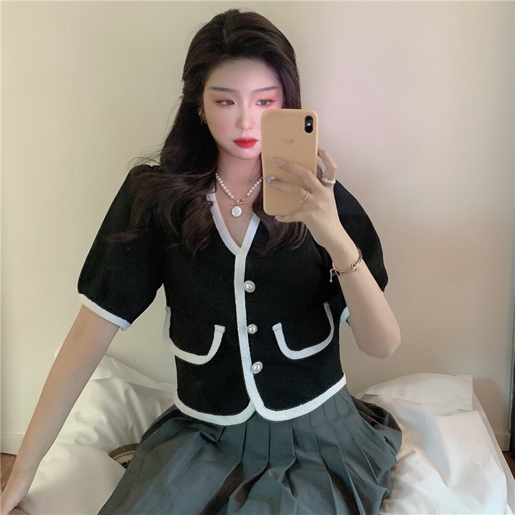 Áo kiểu nữ cổ V trắng đen Hàn Quốc áo sơ mi công sở nữ chất vải tweet cao cấp, thương hiệu HACHIKI