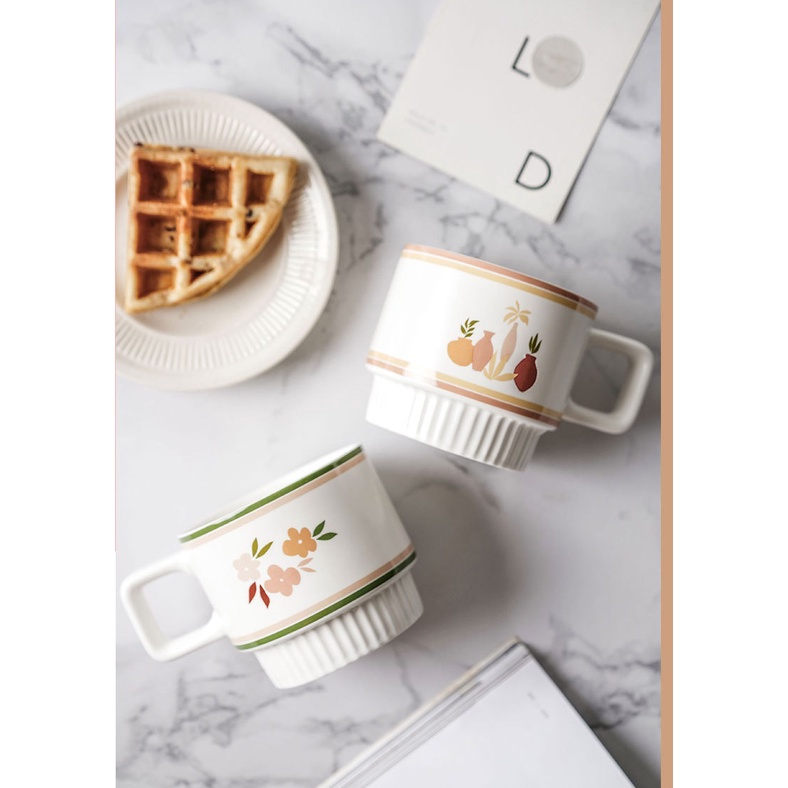 Cốc sứ uống trà, cafe 320ml in hình hoa vintage phong cách Bắc Âu