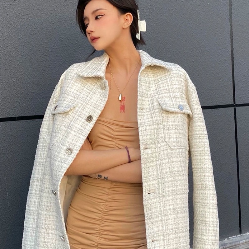 Áo Khoác Sơ Mi Dạ Tweed Thêu Chữ Cá Tính Kèm Ảnh Thật
