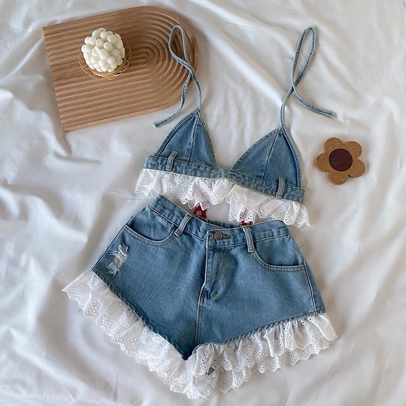 Set áo croptop+quần jean phối ren Ulzzang