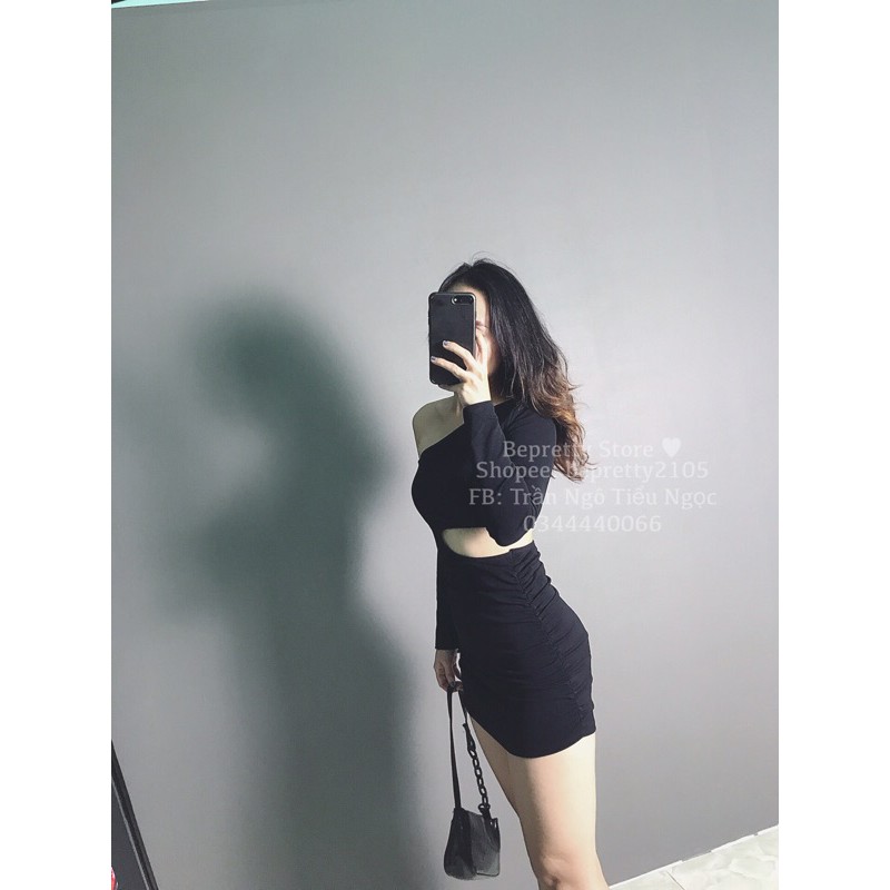 Đầm body hở vai khoét eo tay dài