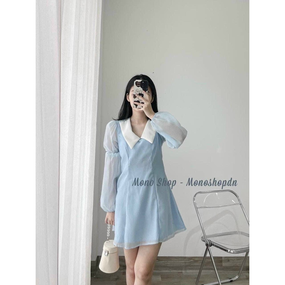 Ảnh thật đầm ngắn nữ xanh dương nhẹ nhàng cổ peter trắng tay voan tiểu thư Kawaii Mise