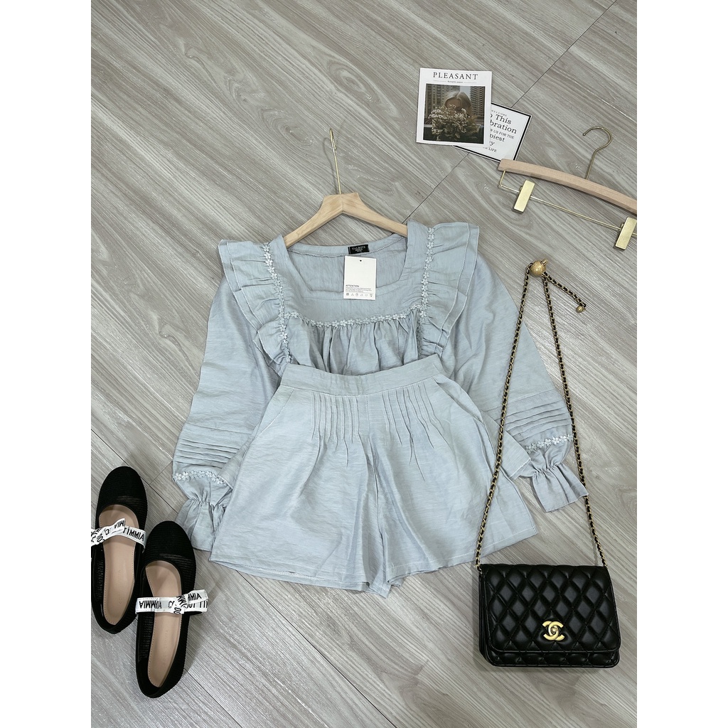Sét babydoll Xanh cánh tiên cổ vuông, Quần đùi đũi tơ mềm mát đính ren hoa