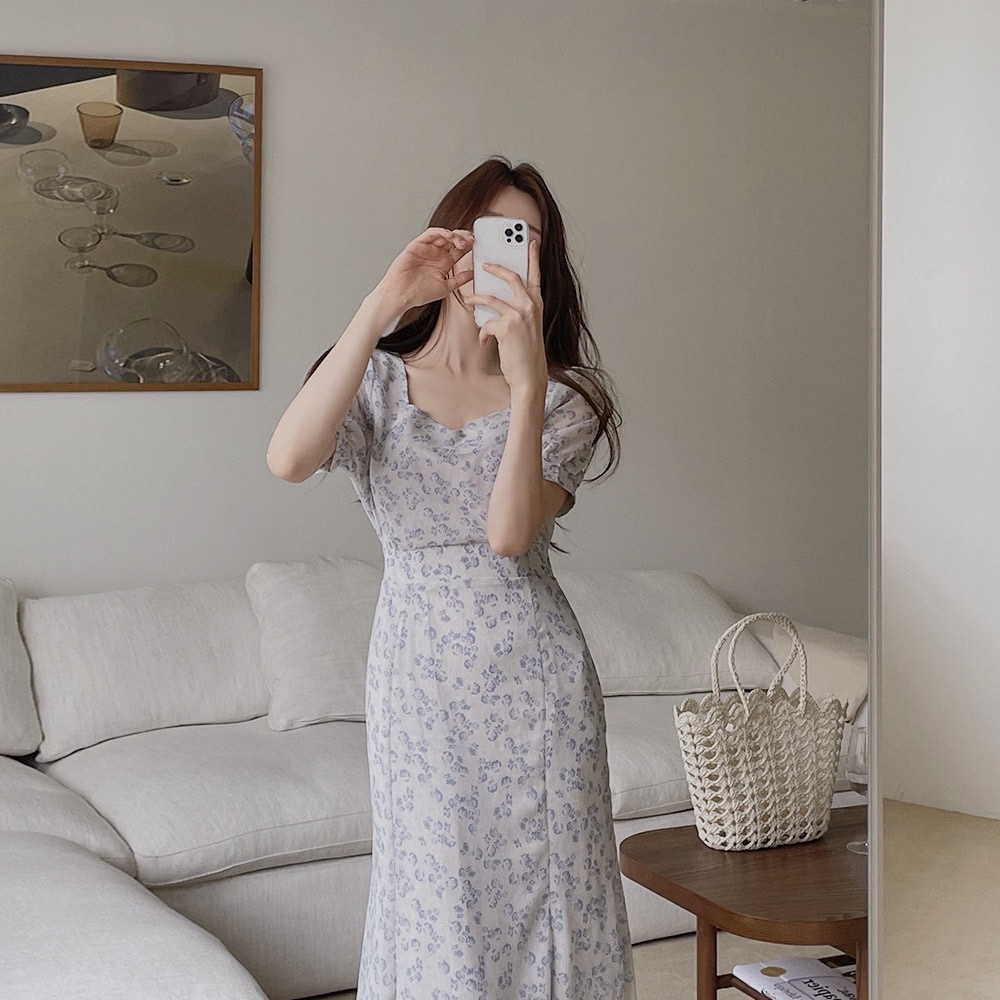 SUXI Đầm Tay Ngắn Cổ Chữ V Họa Tiết Hoa Thiết Kế Đơn Giản Phong Cách Vintage