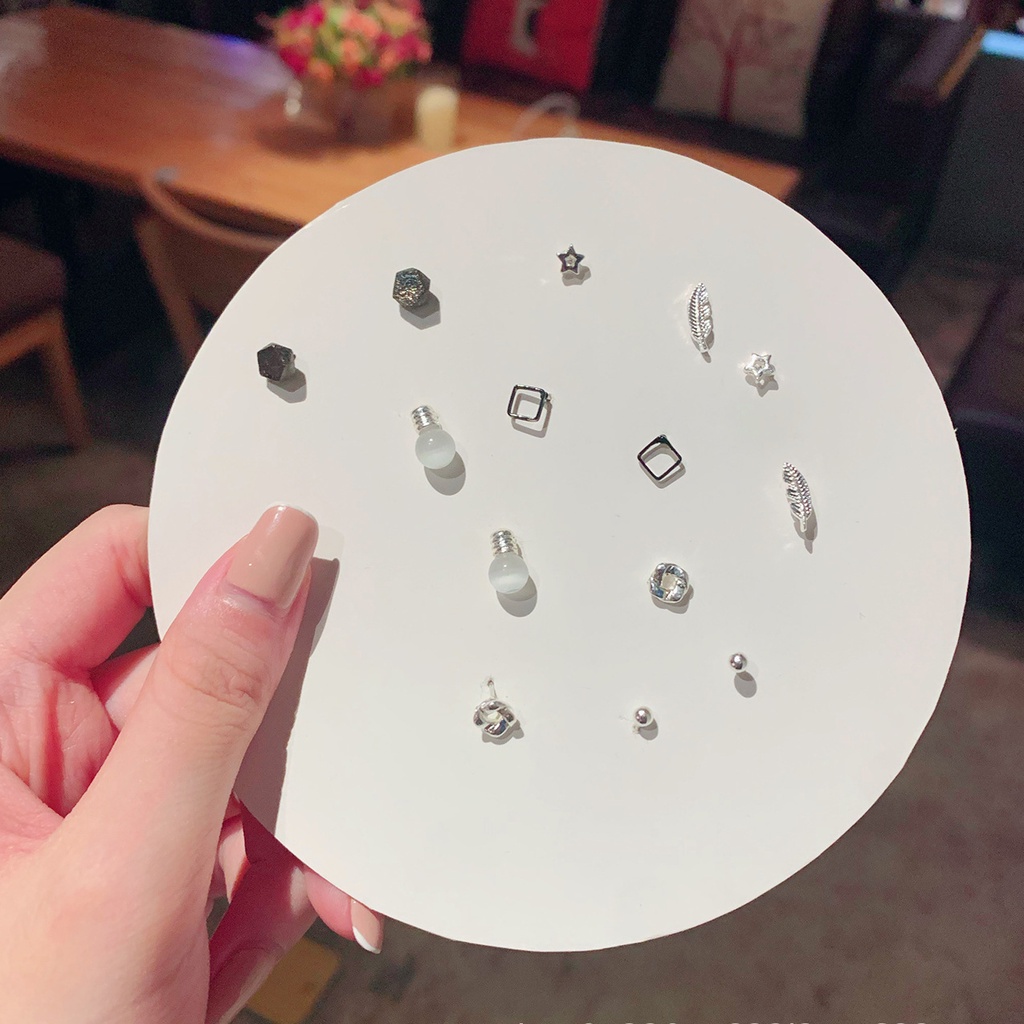 Set 7 đôi bông tai bạc S925 thời trang Hàn Quốc 2022