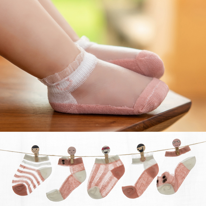Bộ 5 đôi tất cotton cổ thấp phối lưới siêu mỏng thoáng mát cho bé sơ sinh từ 0-8 tuổi