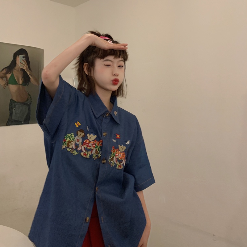 Áo Khoác Denim Tay Ngắn Thêu Hình Gấu Phong Cách Nhật Bản Thời Trang Mùa Xuân Cho Nữ