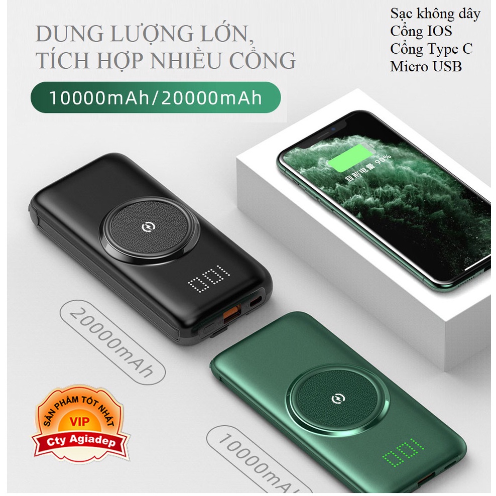 Pin Sạc Dự Phòng CYKE Không Dây Đa Năng, Chuẩn QI Sạc Nhanh 2.4A, Tích Hợp Cáp 4 Đầu USB cao cấp AGIADEP