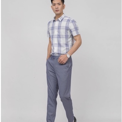 Áo sơ mi nam công sở Aristino tay ngắn màu trắng caro xanh dáng Slim fit chất sợi sồi cao cấp ASS022S9