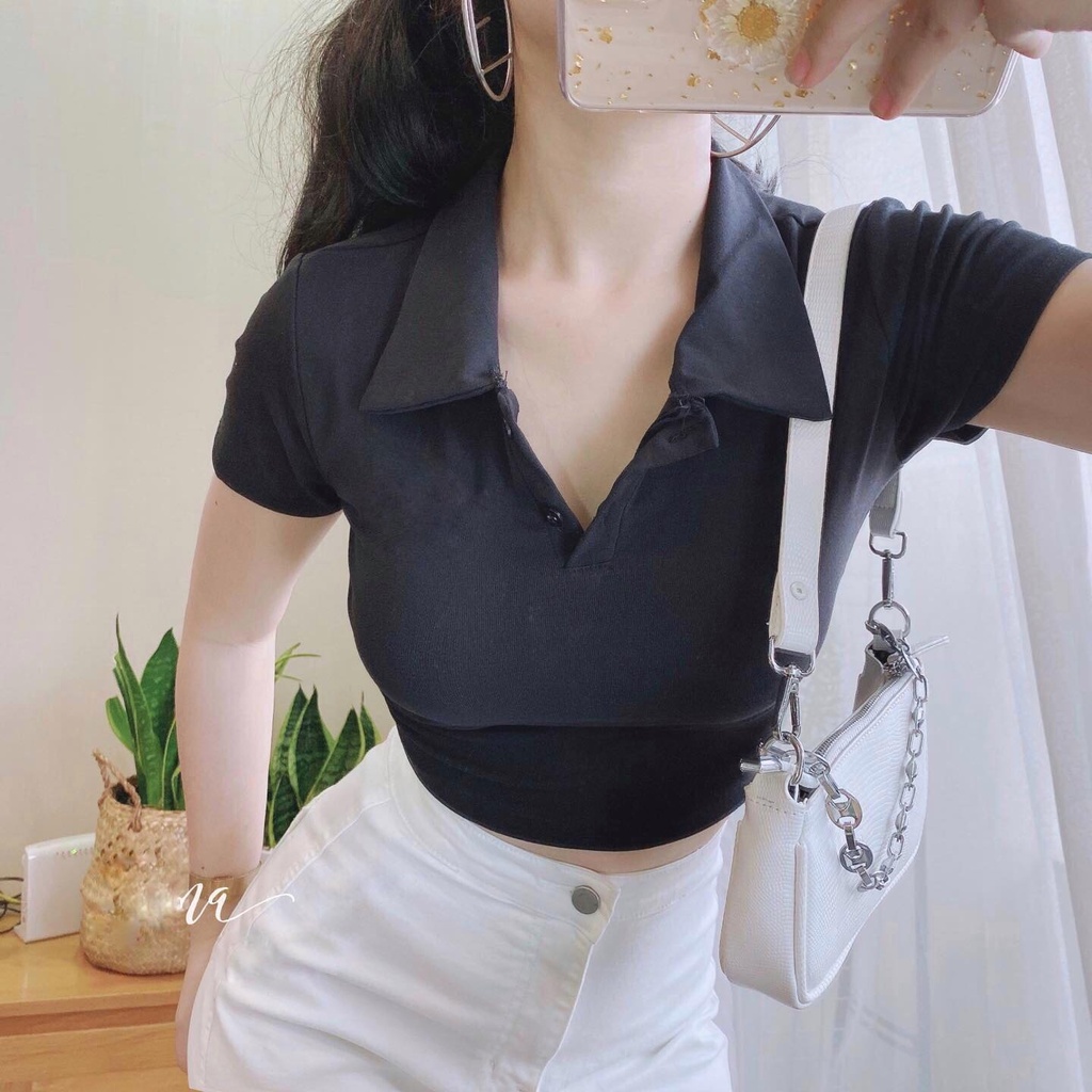 Áo thun nữ crop  FM Style cổ bẻ cá tính năng động thời trang 220323151