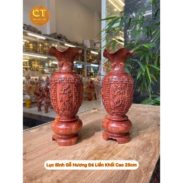 Cặp Lục Bình Gỗ Hương Đá Liền Khối - Chạm Tứ Quý Sắc Nét - Cao 25-40cm