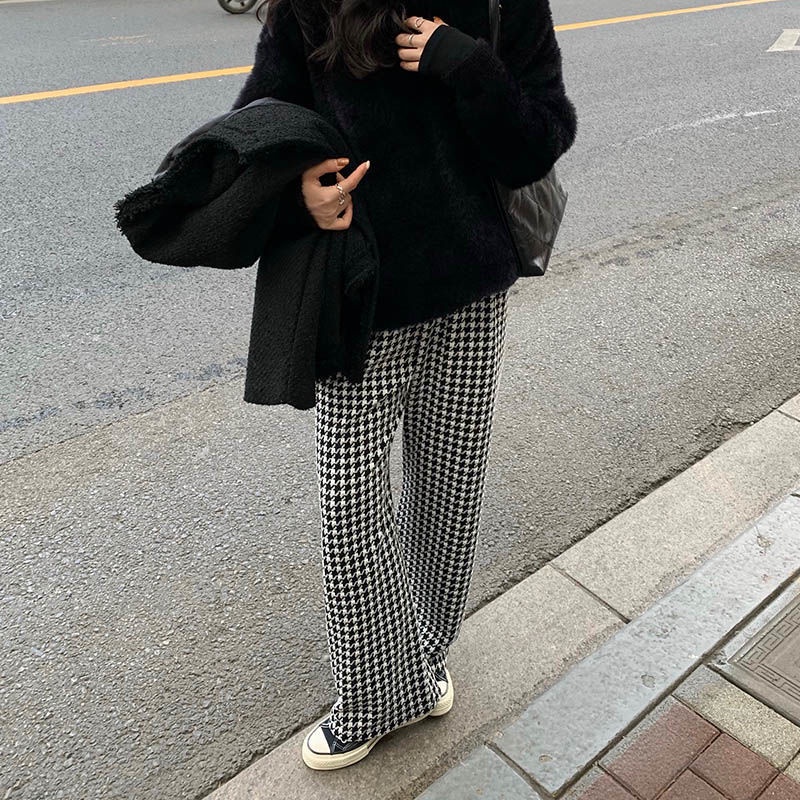 Quần Dài Ống Rộng Lưng Cao Kẻ Sọc Kiểu Hàn Quốc Cá Tính Cho Nữ