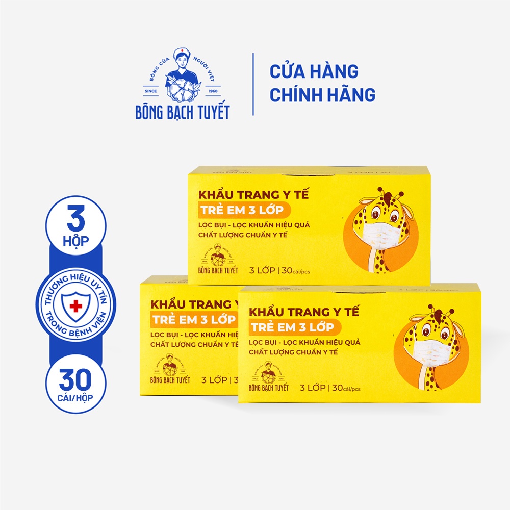 Combo 3 Hộp Khẩu trang Bông Bạch Tuyết Trẻ Em 3 lớp cho bé 6 -11 tuổi (30 cái/ hộp) (Trắng)