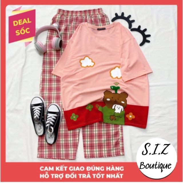 Set Đồ Bộ Nữ Quần Caro Kate Ống Rộng GẤU THỎ * Đồ Bộ Hoạt Hình Freesize S.I.Z Fashion