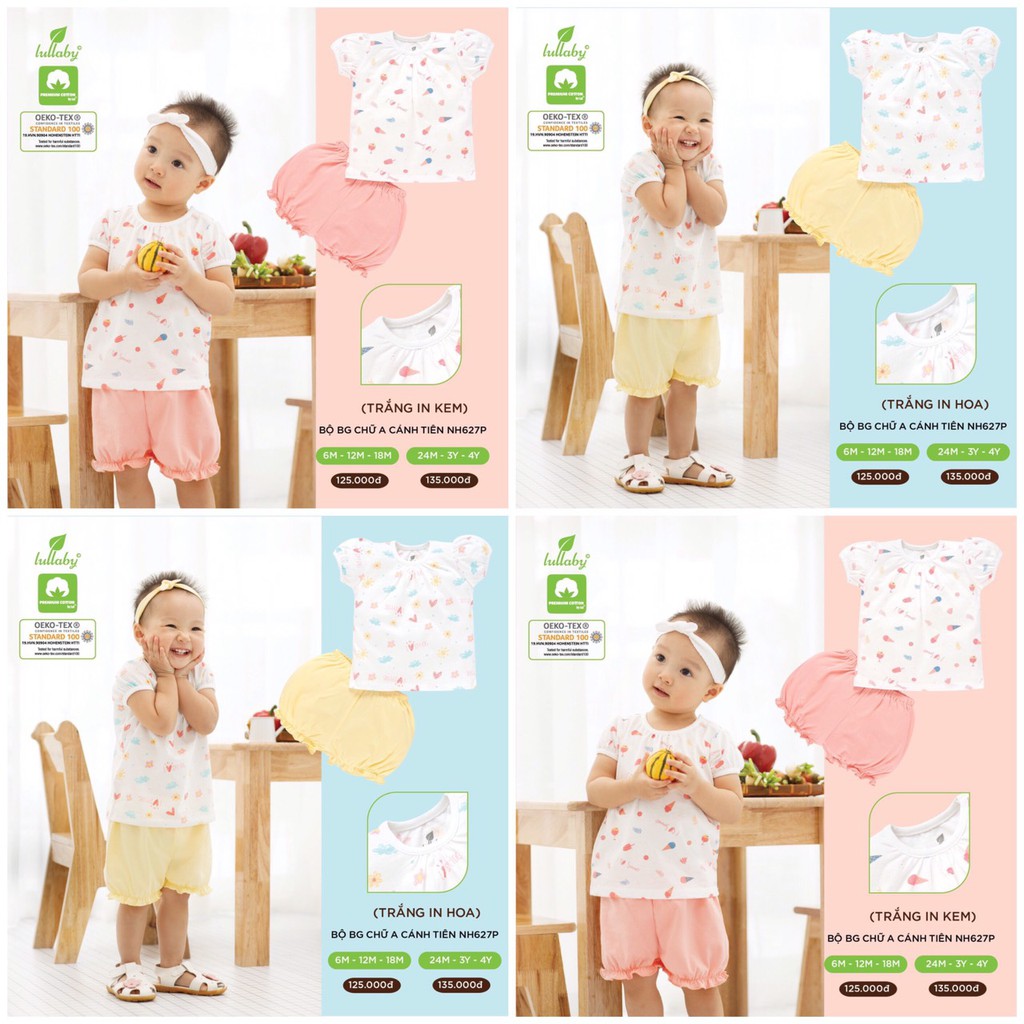 Bộ cộc tay cài vai chữ A cánh tiên họa tiết bé gái cotton cao cấp Lullaby chính hãng