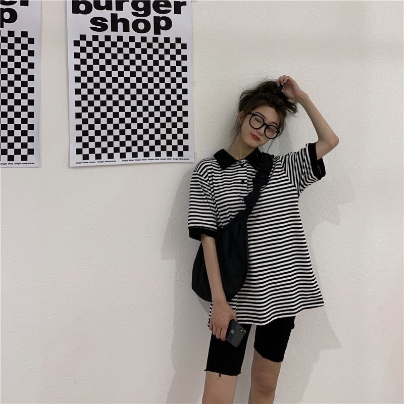 Áo Thun Tay Lửng Họa Tiết Sọc Đen Trắng Thời Trang Dành Cho Nữ
