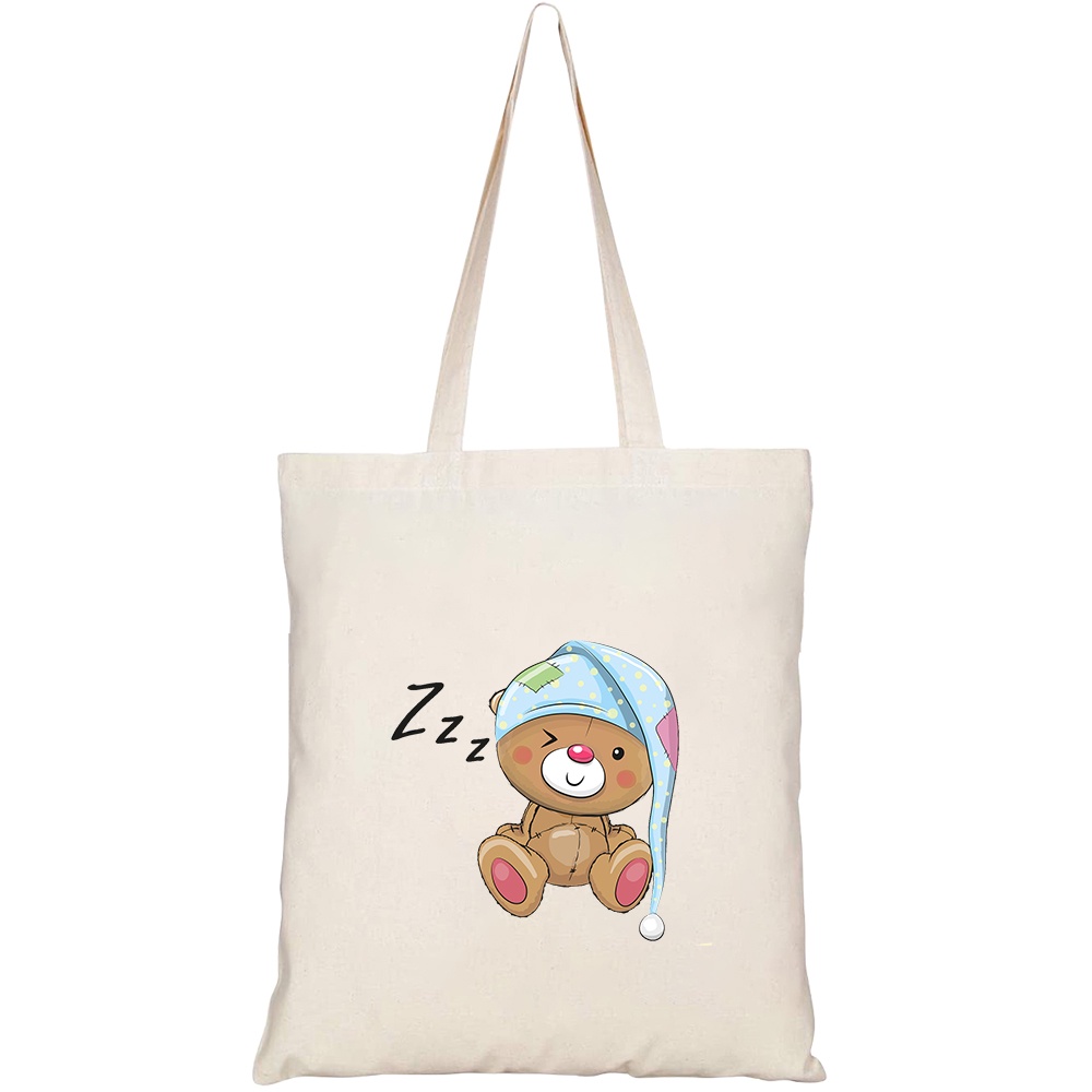 Túi vải tote canvas HTFashion in hình sleeping cute teddy bear hood HT538
