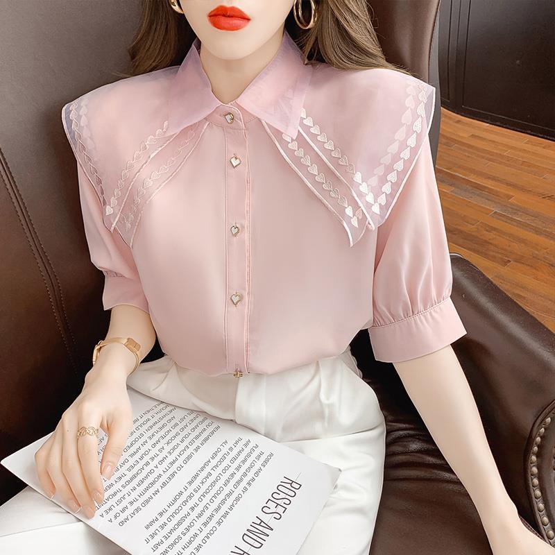 Áo sơ mi vải chiffon cổ búp bê phong cách hè 2021 sành điệu cho nữ