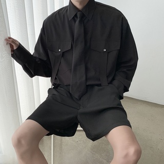 ✦AFFLIGA✦ Áo Sơ Mi Tay Dài Cổ Đứng Thiết Kế Đơn Giản Thời Trang Đường Phố Hàn Quốc Cho Nam