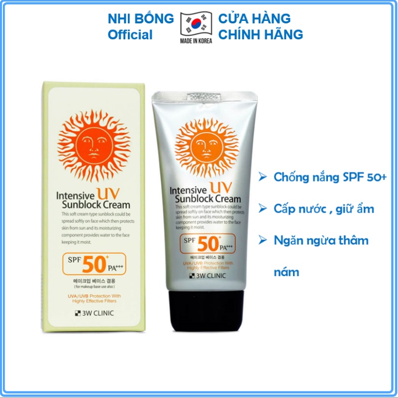 Kem chống nắng 3W Clinic Intensive UV Sunblock Cream Hàn Quốc SPF 50 PA+++ 70ml