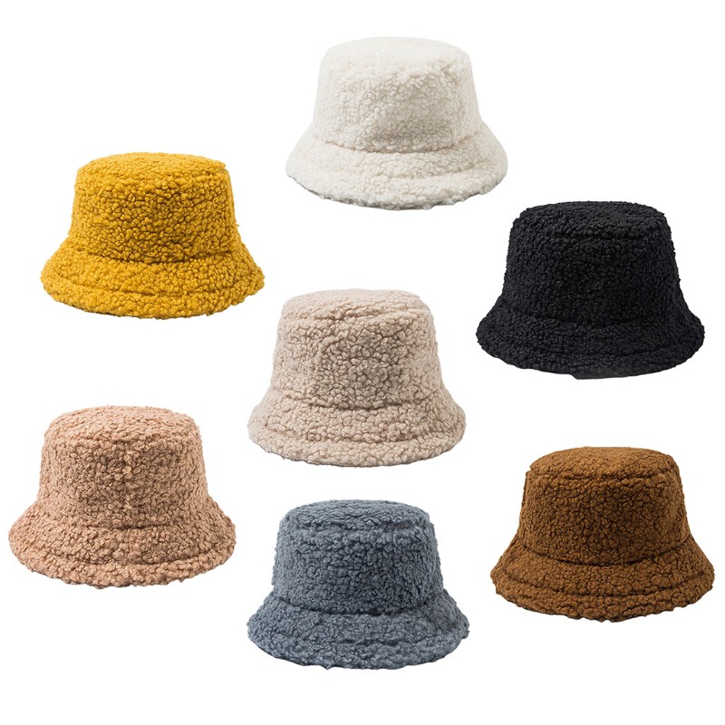 Women Thicken Fuzzy Plush Bucket Hat Solid Color Winter Warmer Fisherman Cap