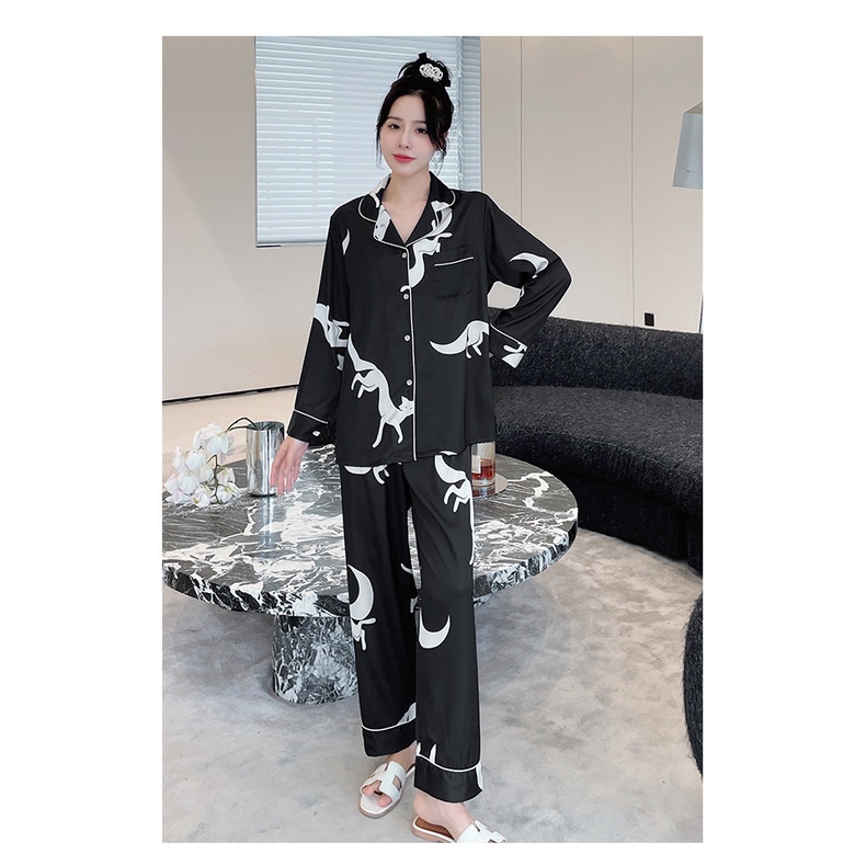 Bộ Đồ Ngủ Dài Tay Bằng Lụa Mát In Họa Tiết Cáo Thời Trang Dành Cho Nữ