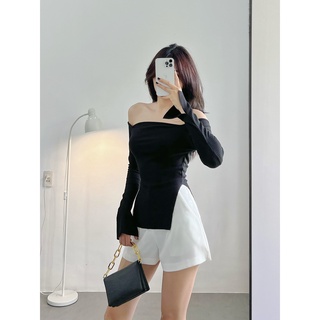 Áo croptop nữ bẹt vai xẻ tà tay dài I Hhvintage